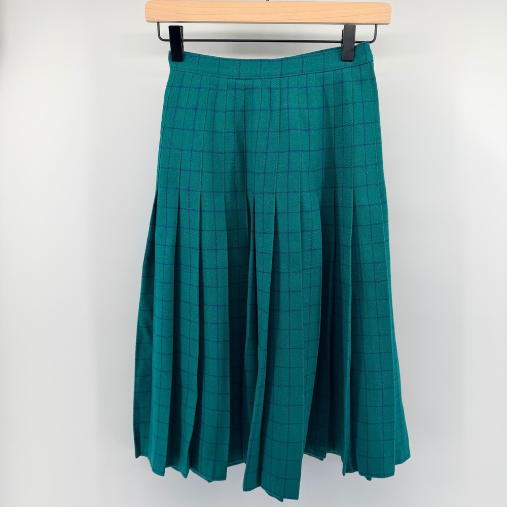 Pendleton Vintage Wool Pleated Midi Skirt Plaid High Waist 4 Petite Teal Green